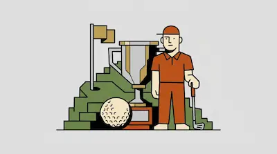 Flat illustration of a golfer in orange standing next to a large silver trophy, a golf ball, and a green hill