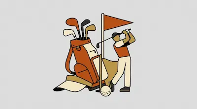 Flat illustration of a golfer swinging a club next to an orange golf bag and a flag on a light gray background