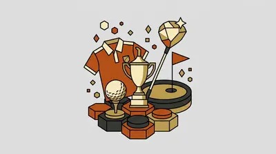 A red polo shirt, a golf ball on a tee, a gold trophy, a golf club, and a hole flag on a round putting green.