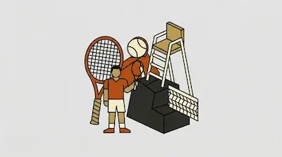 Flat illustration of a tennis player standing by a large racket, ball, and umpire chair on a plain background