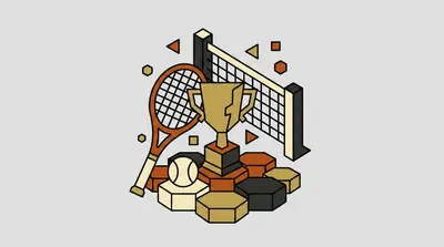 A tennis racket with a crosshatched head, a trophy cup on a pedestal, a tennis ball, and a net stretched between two posts.