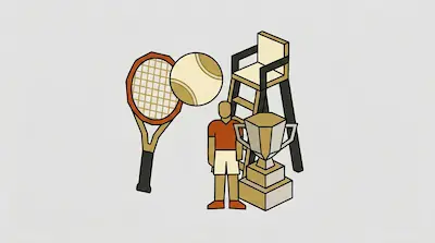 Flat illustration of a tennis racket, ball, trophy, and a player figure in warm tones on a light gray background