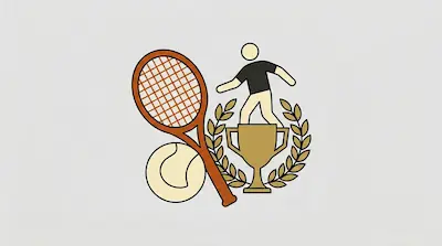 Flat illustration of a tennis racket and ball next to a gold trophy with a laurel wreath and a small human figure