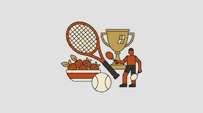 Flat illustration of a tennis racket, a gold trophy, a bowl of strawberries, and a small player on a gray background