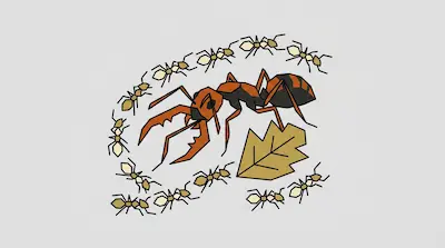 A large orange and black ant is surrounded by a circle of smaller tan ants and a single leaf.