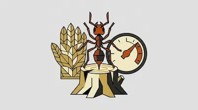A large reddish-black bullet ant with a visible stinger on a tree trunk base beside a woven leaf glove and a pain scale gauge at maximum on a light gray background.