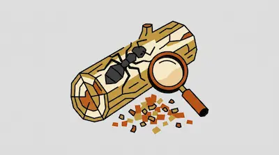 A black ant on a wooden log next to a magnifying glass and a pile of wood chips.