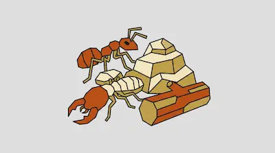 An ant and a termite crawl near a pile of geometric rocks and a small log.