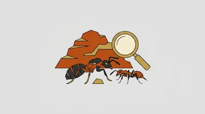 Two ants of different sizes stand in front of a mound with a magnifying glass positioned over it.