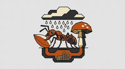 A harvester ant carrying a large seed in its mandibles above a granary chamber cross-section beside a mushroom and a rain cloud with drops on a light gray background.