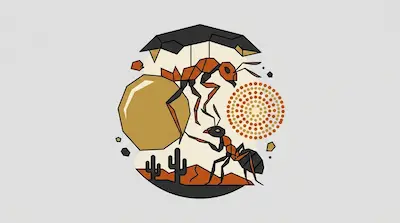 A honeypot ant replete with a swollen golden abdomen beside a worker ant, an Indigenous Australian dot-art circle, and a desert landscape on a light gray background.