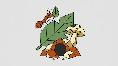 A geometric illustration of an ant carrying a leaf fragment on a larger leaf next to a mushroom and a rocky burrow.