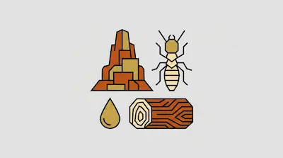 Four geometric icons depicting a termite mound, a termite, a drop of liquid, and a wooden log.