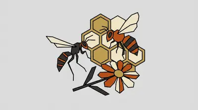 Two geometric bees hover around a honeycomb and a flower.