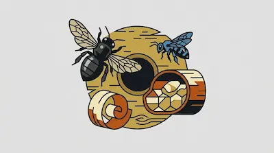 A carpenter bee with a shiny black abdomen hovering near a circular hole in weathered wood beside a curled wood shaving and a cross-section of tunnel brood cells on a light gray background