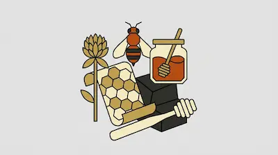 A bee, a jar of honey, a honeycomb, a flower, and honey dippers.