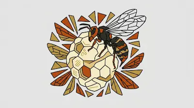 A stylized hornet perched on a hexagonal nest, surrounded by radiating orange and yellow geometric shapes.