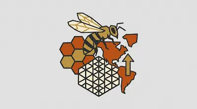 A killer bee with striped abdomen hovering over a honeycomb beside a map of the Americas with an upward arrow and a geometric hive structure on a light gray background