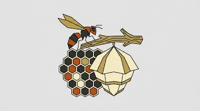 A geometric wasp perched on a branch above a honeycomb and a hanging nest.