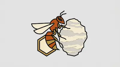 A stylized hornet stands next to a paper nest and a single hexagonal honeycomb cell.