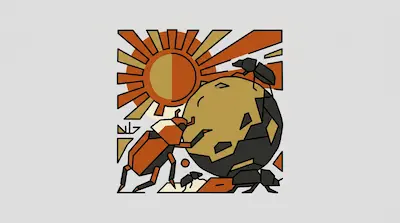 Flat illustration of geometric dung beetles rolling a large ball under a stylized sun with orange and tan rays.