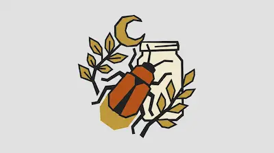 A stylized orange and black beetle positioned in front of a glass jar, a crescent moon, and leafy branches.