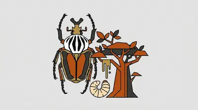 A massive Goliath beetle with black vertical stripes on its white pronotum and a Y-shaped horn beside a curled grub larva, and a tropical African tree with dripping sap on a light gray background.