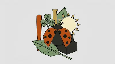 A geometric ladybug with orange wings and black spots is surrounded by a sun, a clover, baseball bats, and leaves.