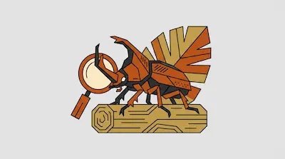 A geometric rhinoceros beetle stands on a log next to a magnifying glass and a stylized leaf.