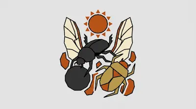 Two stylized beetles with spread wings are shown with an orange sun and scattered rocks.