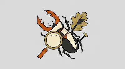 A stylized stag beetle with a magnifying glass, an oak leaf, and a specimen pin.