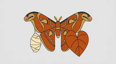 An orange and tan Atlas moth with a cocoon hanging from its left wing and a heart-shaped leaf on its right.