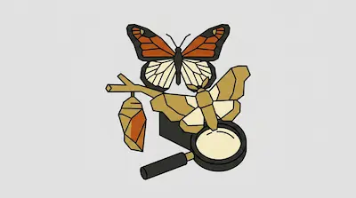 A stylized butterfly, moth, chrysalis, and magnifying glass are grouped together.