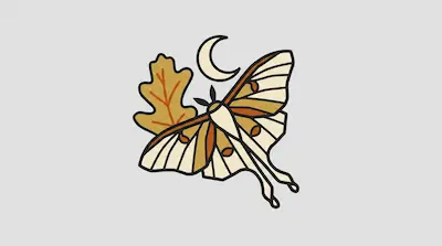 A stylized moth with long tails, a crescent moon, and an oak leaf in earthy tones.