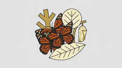 Two monarch butterflies, a chrysalis, and leaves are arranged in a stylized graphic.