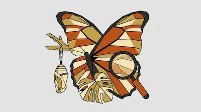 A stylized butterfly with geometric patterns in orange and tan, accompanied by a chrysalis, a monstera leaf, and a magnifying glass.