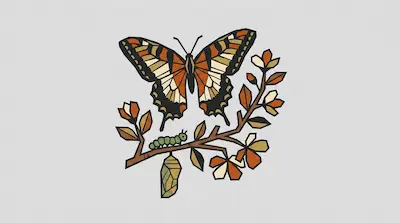 A geometric illustration of a butterfly, caterpillar, and chrysalis on a branch with leaves and flowers.