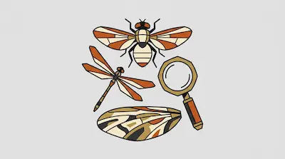 Flat illustration of a bee, a dragonfly, and a magnifying glass in orange and tan tones on a light gray background