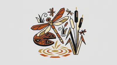 Flat illustration of a large orange dragonfly near cattails and a lily pad with water ripples on a light gray background