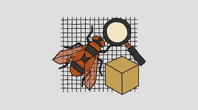 Flat illustration of an orange fly, a magnifying glass, and a yellow cube over a black grid on a gray background