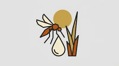 Flat illustration of a geometric mosquito, a water droplet, and tall grass against a yellow sun on a gray background