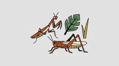 Flat illustration of a brown praying mantis, a grasshopper, and a green leaf with black outlines on a gray background