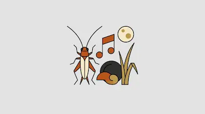 Flat illustration of a brown cricket next to musical notes, a snail, and a full moon on a light gray background