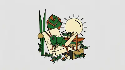 Flat illustration of green grasshoppers on a scroll with a geometric leaf and sun icon on a light gray background
