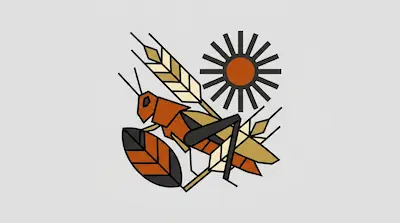 Flat illustration of a geometric orange grasshopper with a sun and wheat stalks on a light gray background