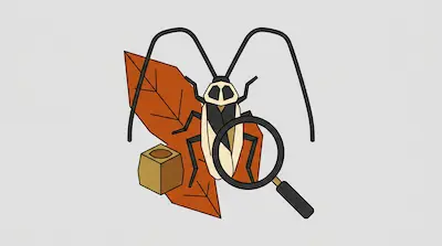 Flat illustration of a long-horned beetle on a brown leaf with a magnifying glass and a cube on a grey background