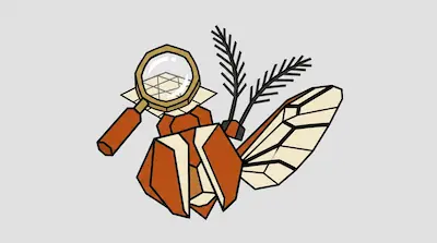 Flat illustration of a geometric orange insect with feathered antennae and a magnifying glass over its head