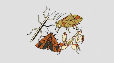 Flat geometric illustration of a stick insect, a moth, a grasshopper, and a praying mantis on a light gray background