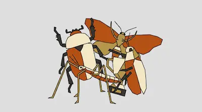 Flat illustration of geometric insects including a beetle, a moth, and a stick insect in orange and cream tones