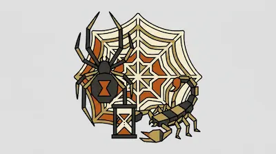A geometric black widow spider, a scorpion, and an hourglass are arranged in front of a spiderweb.